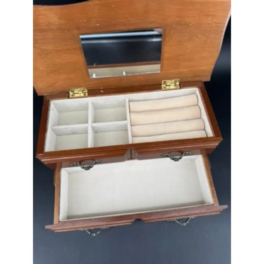 Vintage Wood Jewelry Box Mirror Cream Interior Drawer Ornate Metal Pulls 10.5
